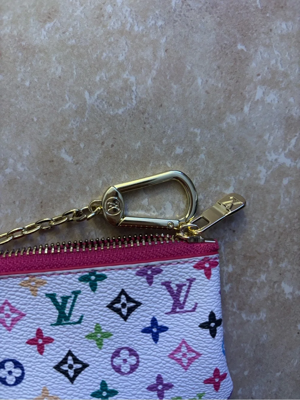 Multicolor Monogram White Canvas Coin Pouch with Pink Trim - Picture 2 of 2